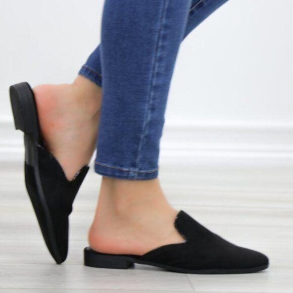 Suede Black Pointy Toe Slip On Mule Loafer - Picture 2 of 12